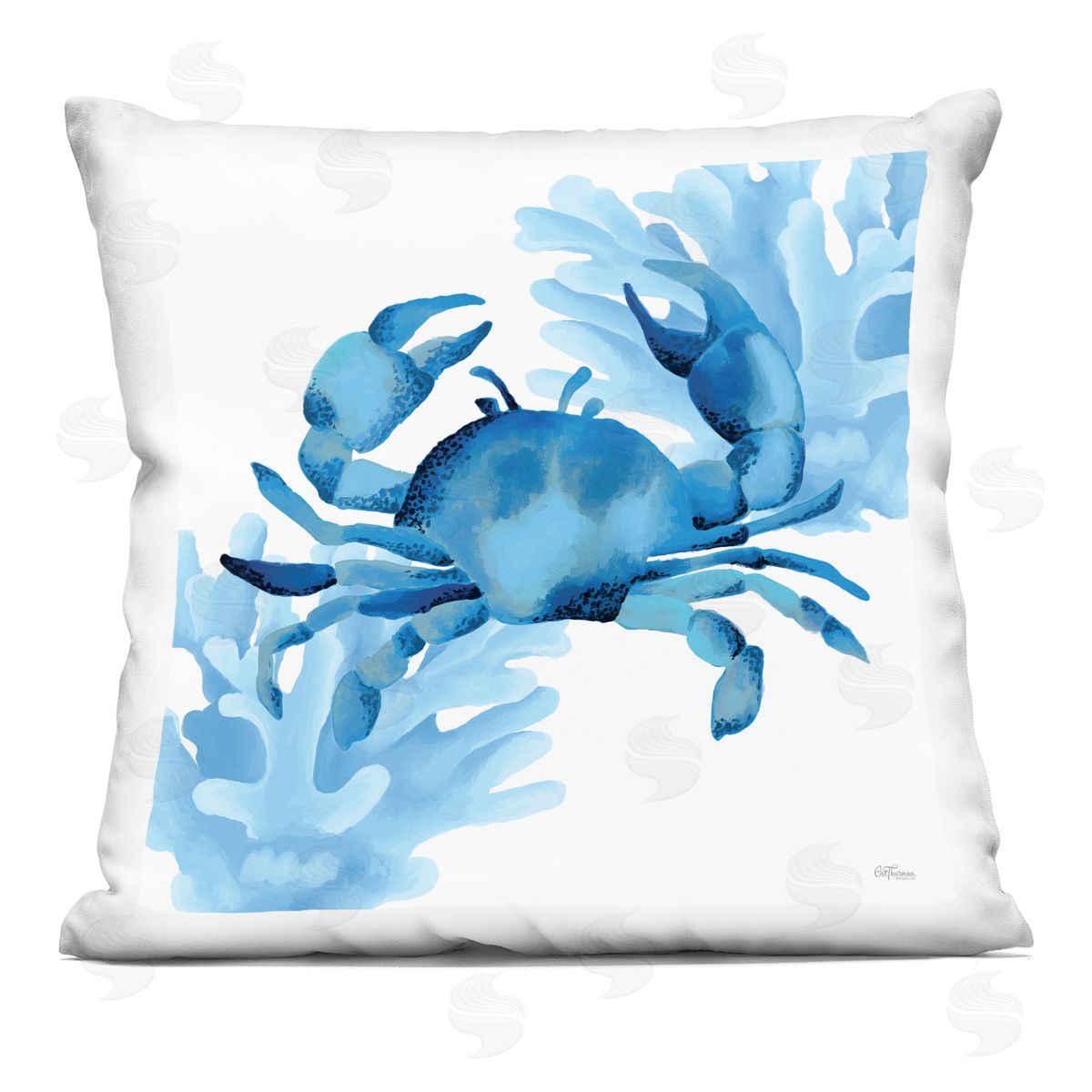 Cat Thurman Designs Blue Tone Crab & Coral Printed Plush Polyester Throw Pillow