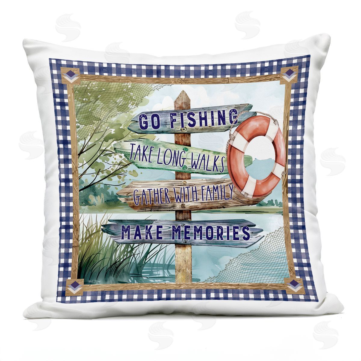 Nicole DeCamp Plaid Border Lake Sign Outdoor Quick-Dry Polyester Printed Throw Pillow