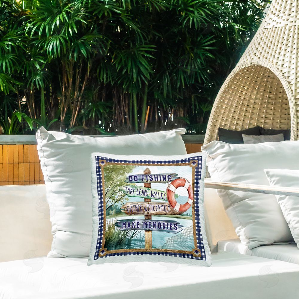Nicole DeCamp Plaid Border Lake Sign Outdoor Quick-Dry Polyester Printed Throw Pillow in Back Yard