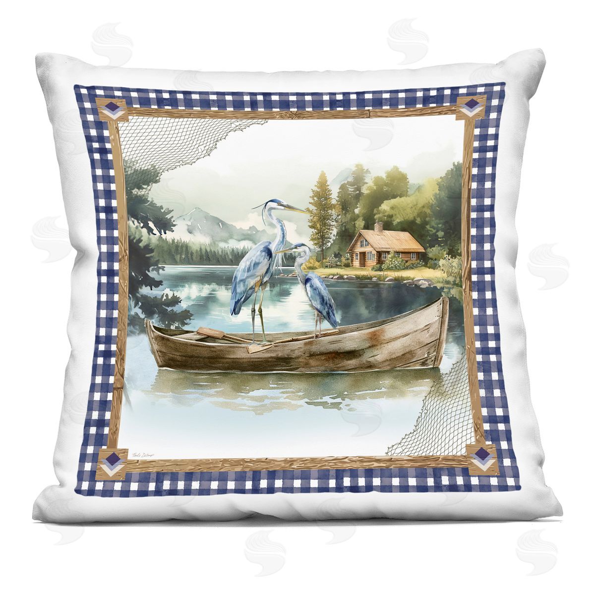 Nicole DeCamp Herons on Boat with Tartan Printed Plush Polyester Throw Pillow