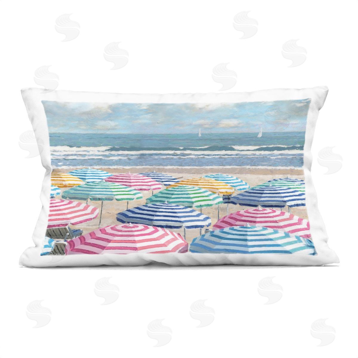 Amber Sterling Shore with Bright Umbrellas Printed Plush Polyester Throw Pillow
