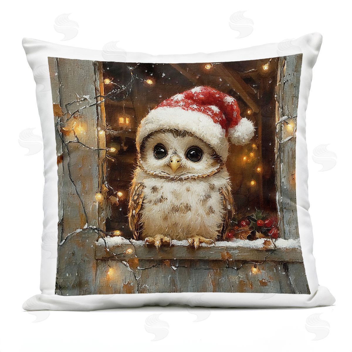 Riley B Festive Owl with Holiday Lights Outdoor Quick-Dry Polyester Printed Throw Pillow