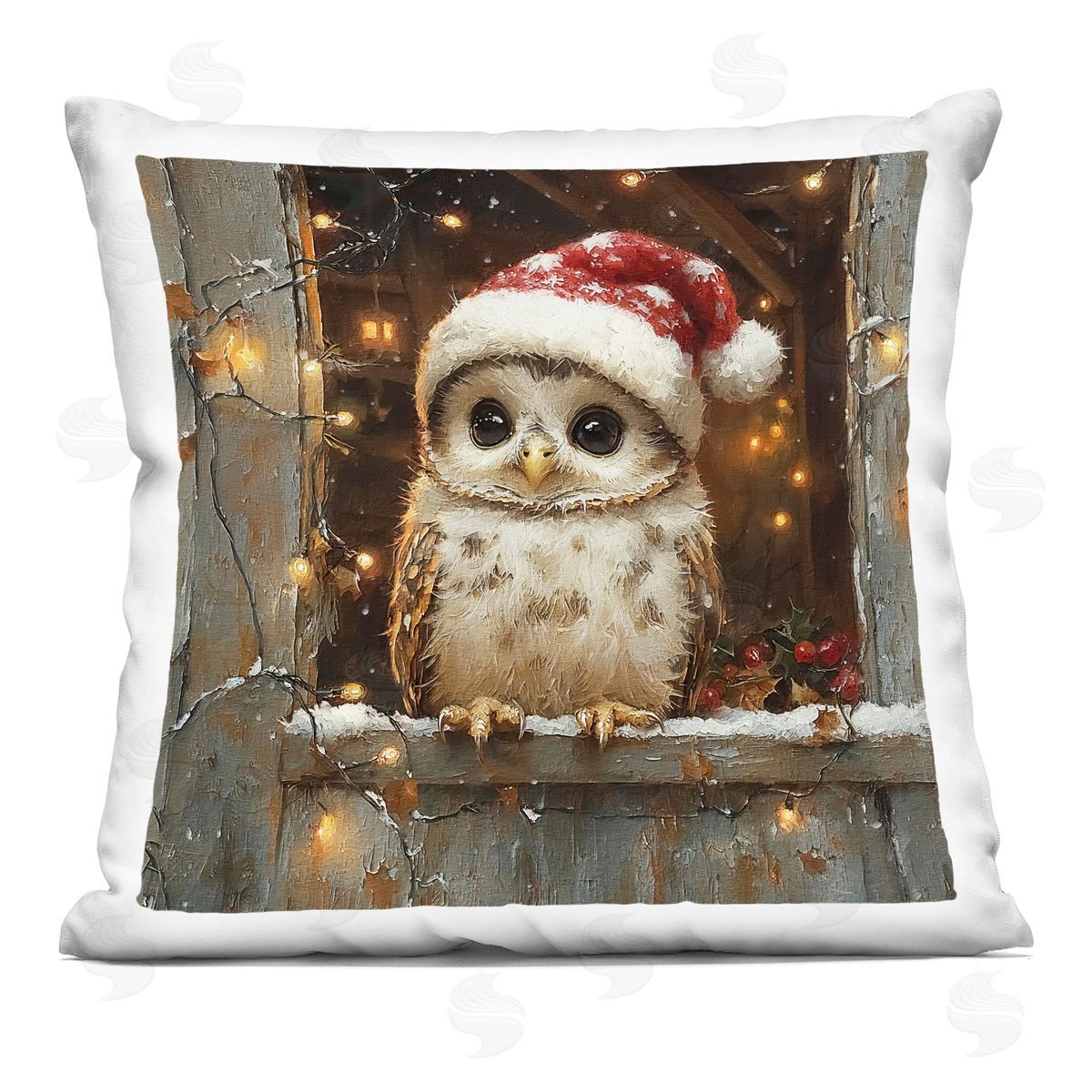 Riley B Festive Owl with Holiday Lights Printed Plush Polyester Throw Pillow