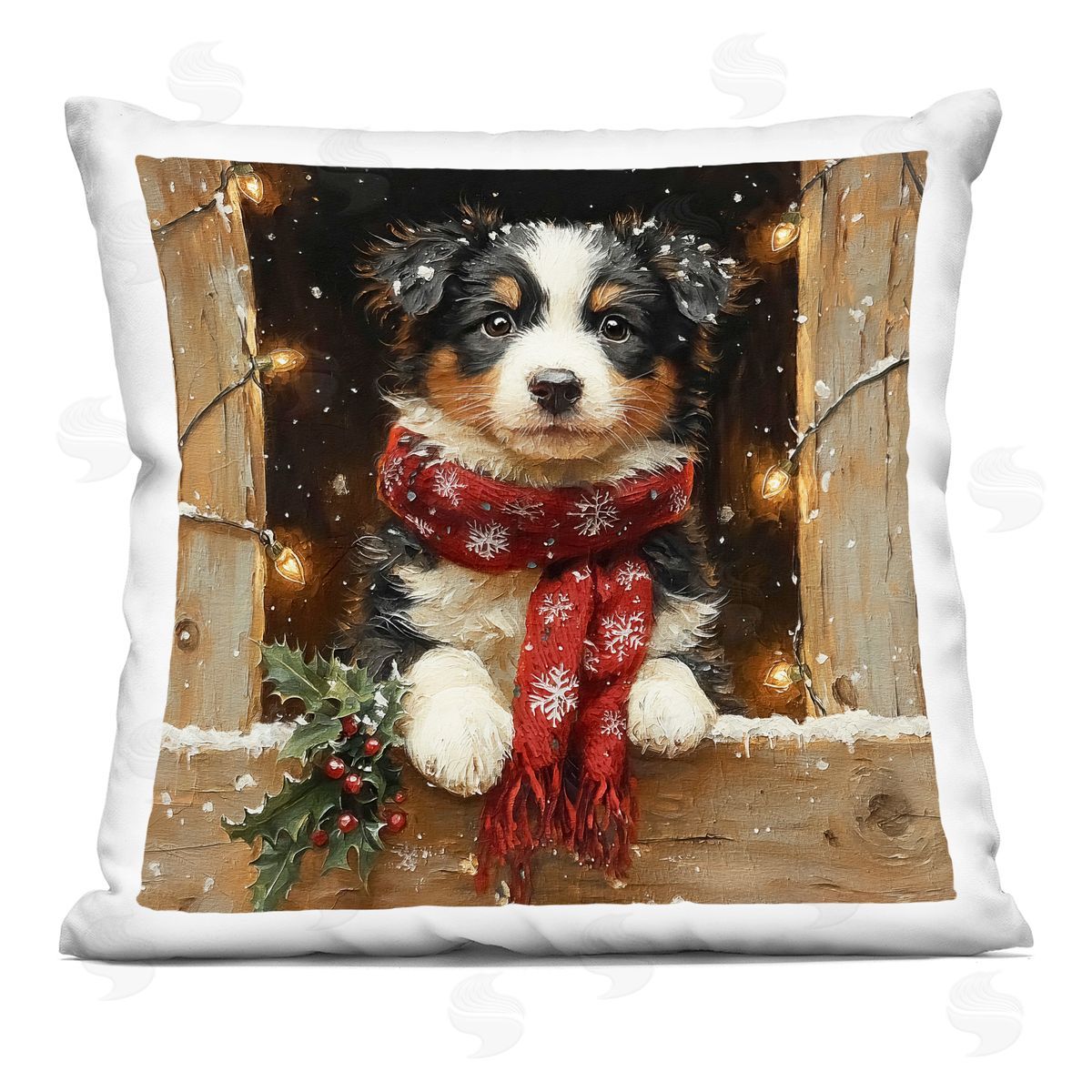 Riley B Snowy Christmas Lights Puppy Printed Plush Polyester Throw Pillow