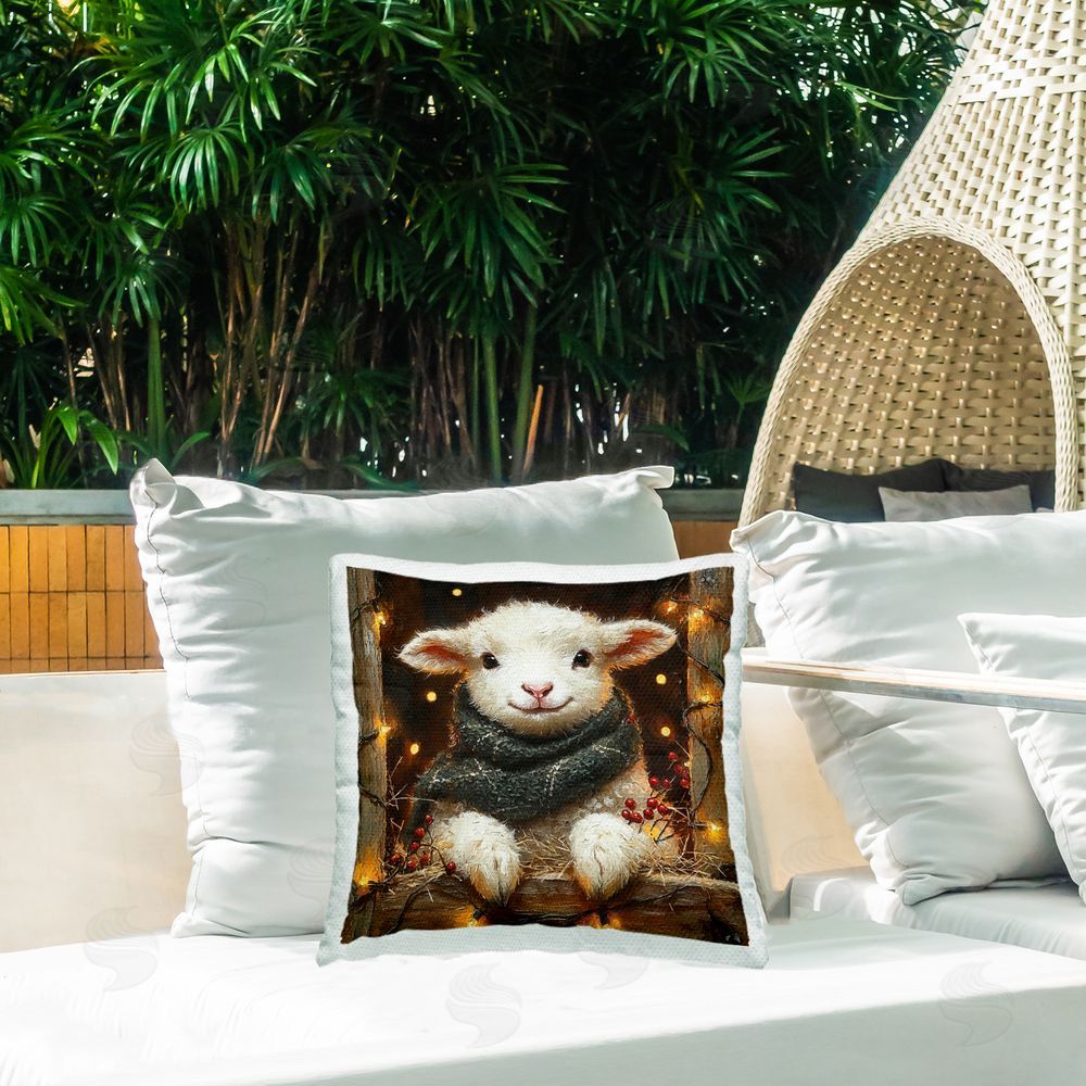 Riley B Festive Lamb with Holiday Lights Outdoor Quick-Dry Polyester Printed Throw Pillow in Back Yard