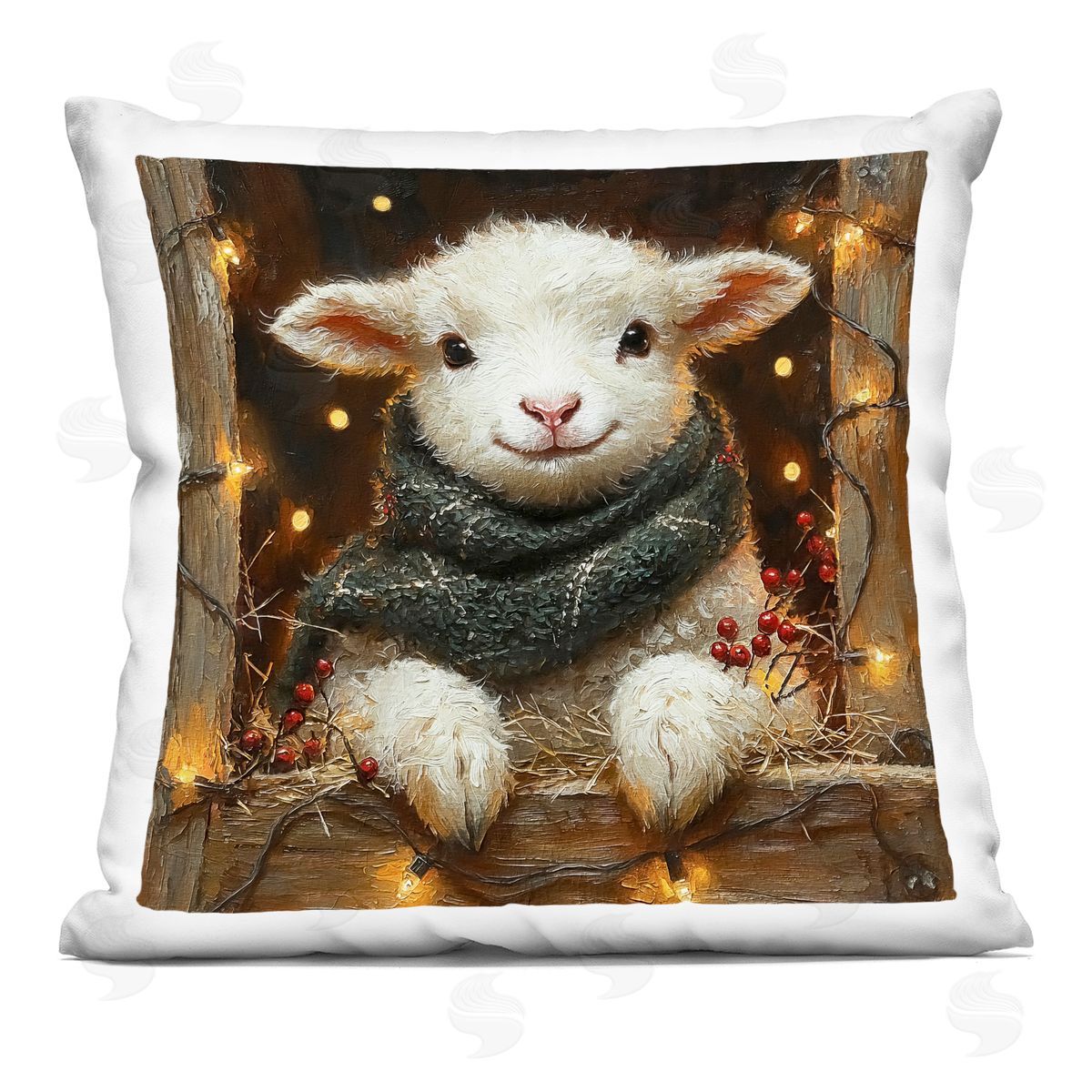 Riley B Festive Lamb with Holiday Lights Printed Plush Polyester Throw Pillow