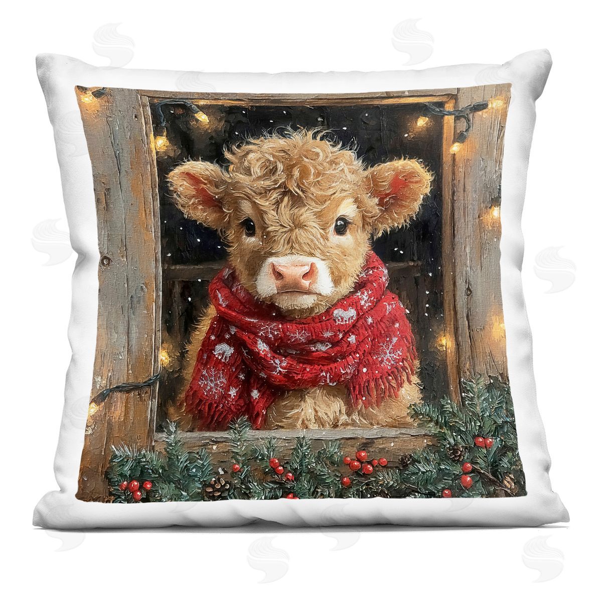Riley B Calf with Holly & Lights Garland Printed Plush Polyester Throw Pillow