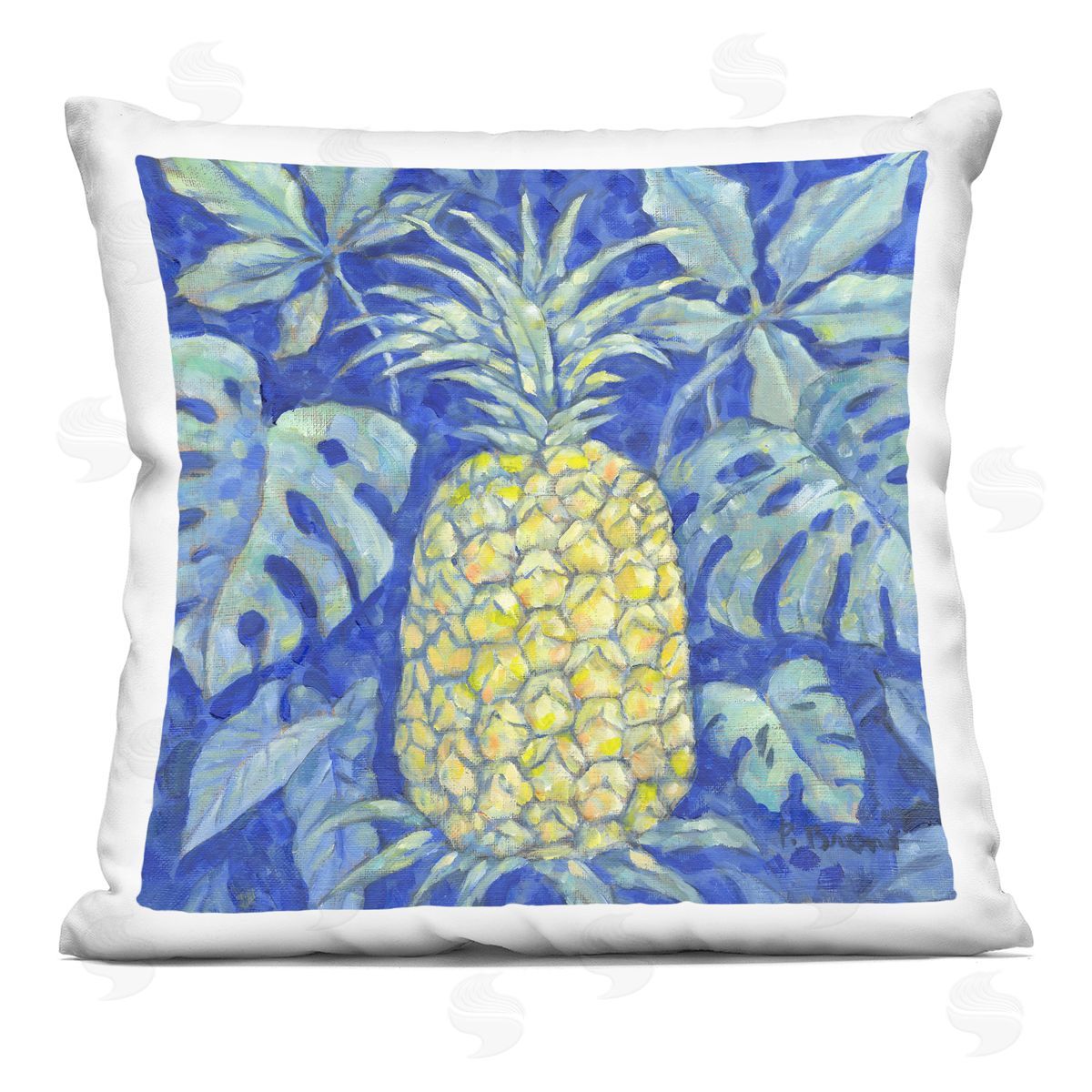 Paul Brent Tropical Pineapple on Blue Printed Plush Polyester Throw Pillow