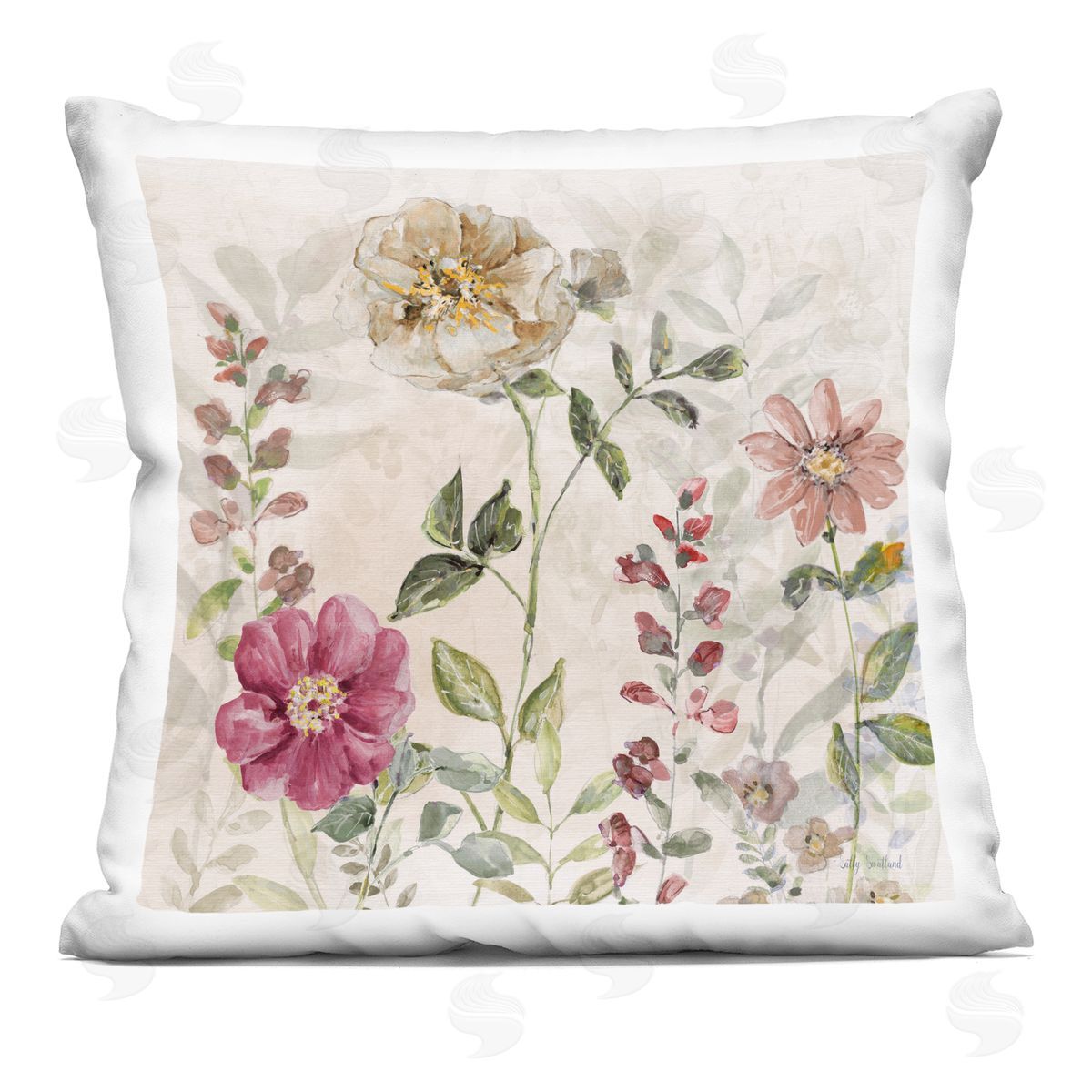 Sally Swatland Flowers in Soft Earth Tones Printed Plush Polyester Throw Pillow