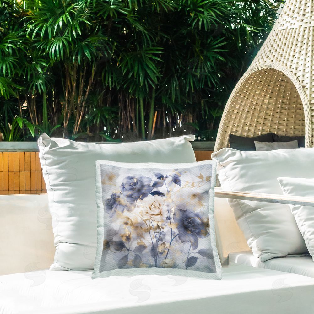 Irene Weisz Muted Roses with Glam Detail Outdoor Quick-Dry Polyester Printed Throw Pillow in Back Yard