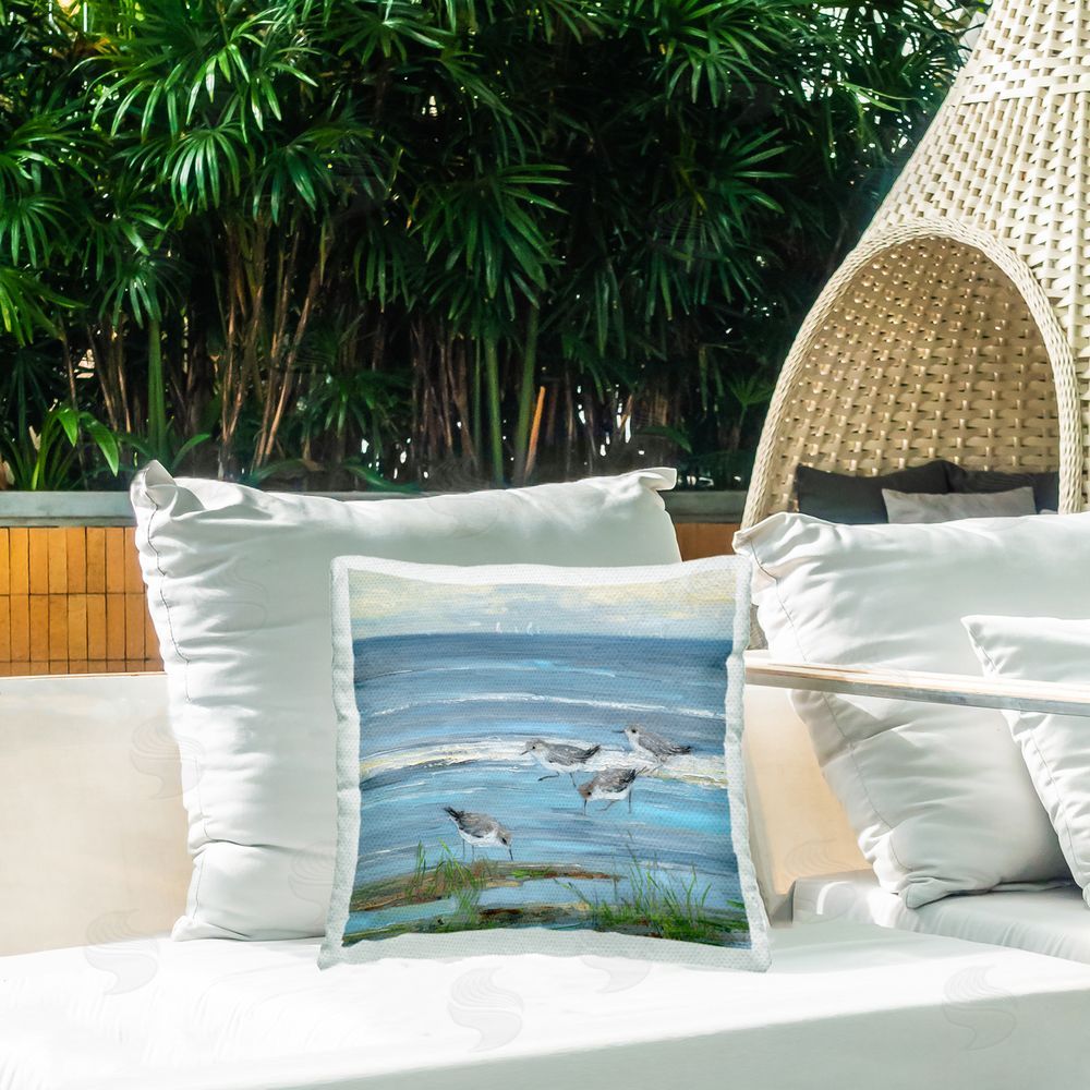 Sally Swatland Stepping Sandpipers Grazing Outdoor Quick-Dry Polyester Printed Throw Pillow in Back Yard