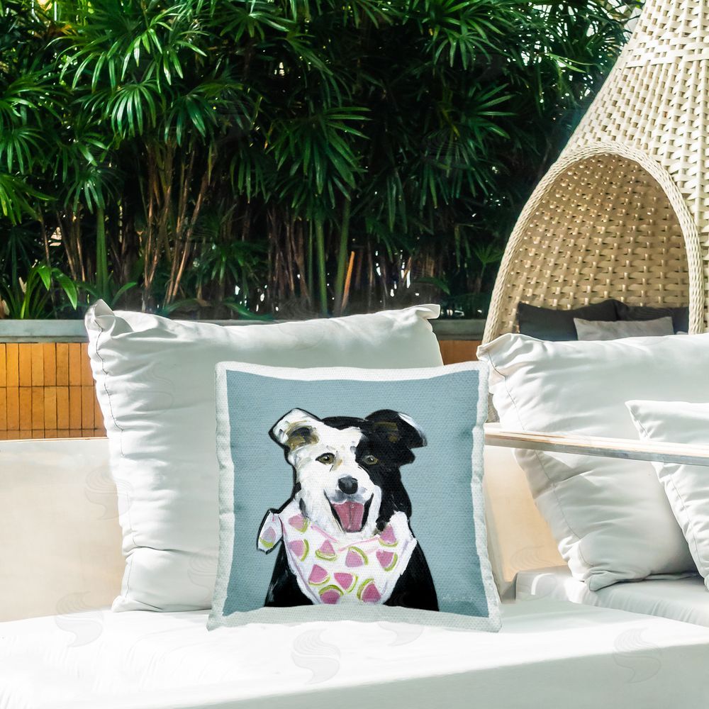 Sally Swatland Dog with Watermelon Bandana Outdoor Quick-Dry Polyester Printed Throw Pillow in Back Yard