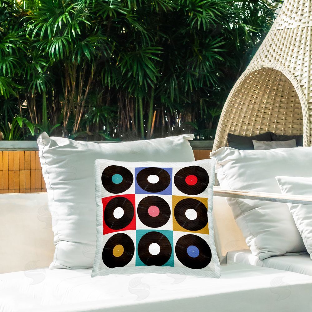 Katrina Craven Geometric Music Records Outdoor Quick-Dry Polyester Printed Throw Pillow in Back Yard