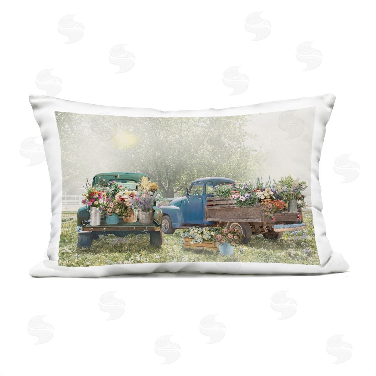 Nan Rustic Trucks with Country Flowers Plush Polyester Art Print Pillow