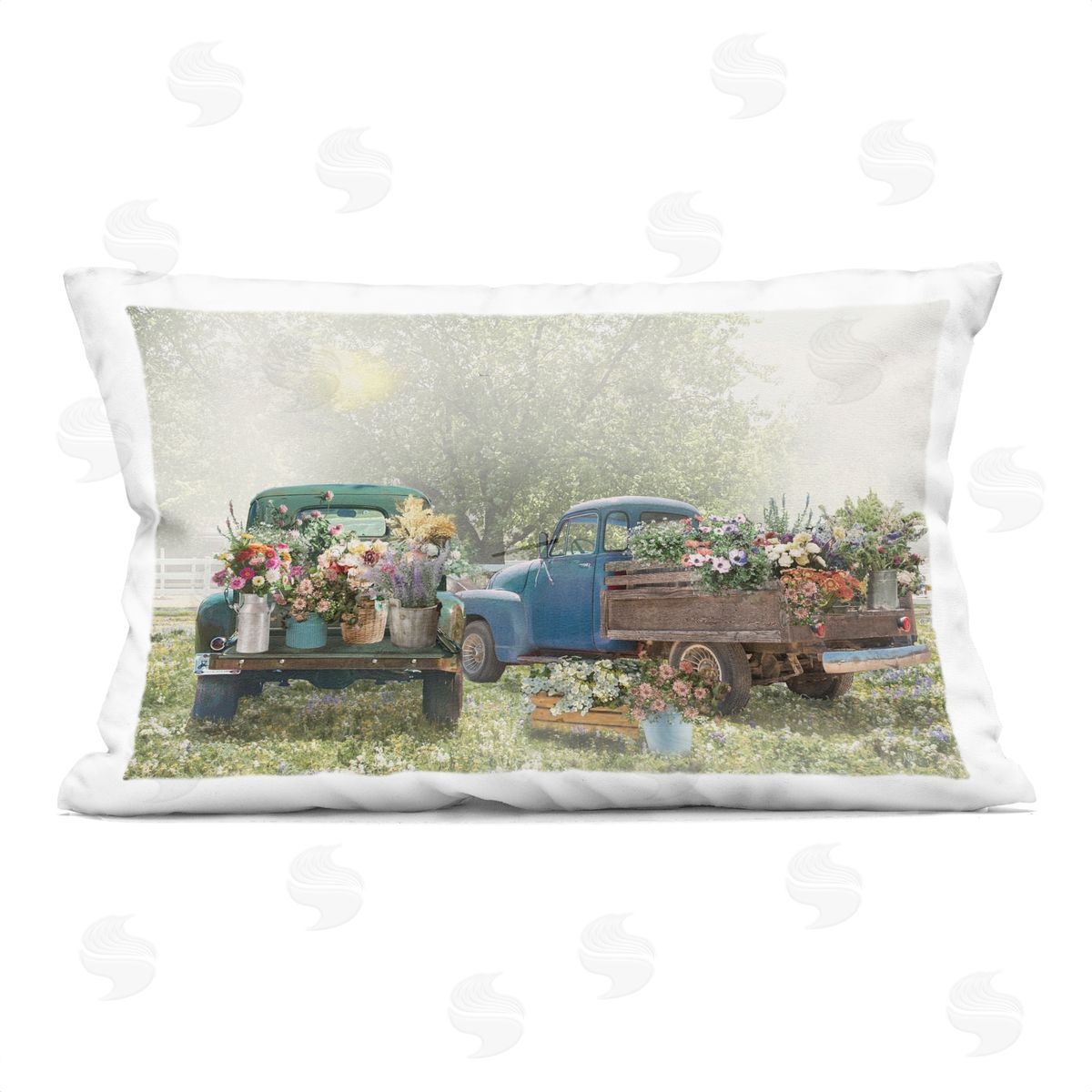 Nan Rustic Trucks with Country Flowers Plush Polyester Art Print Pillow