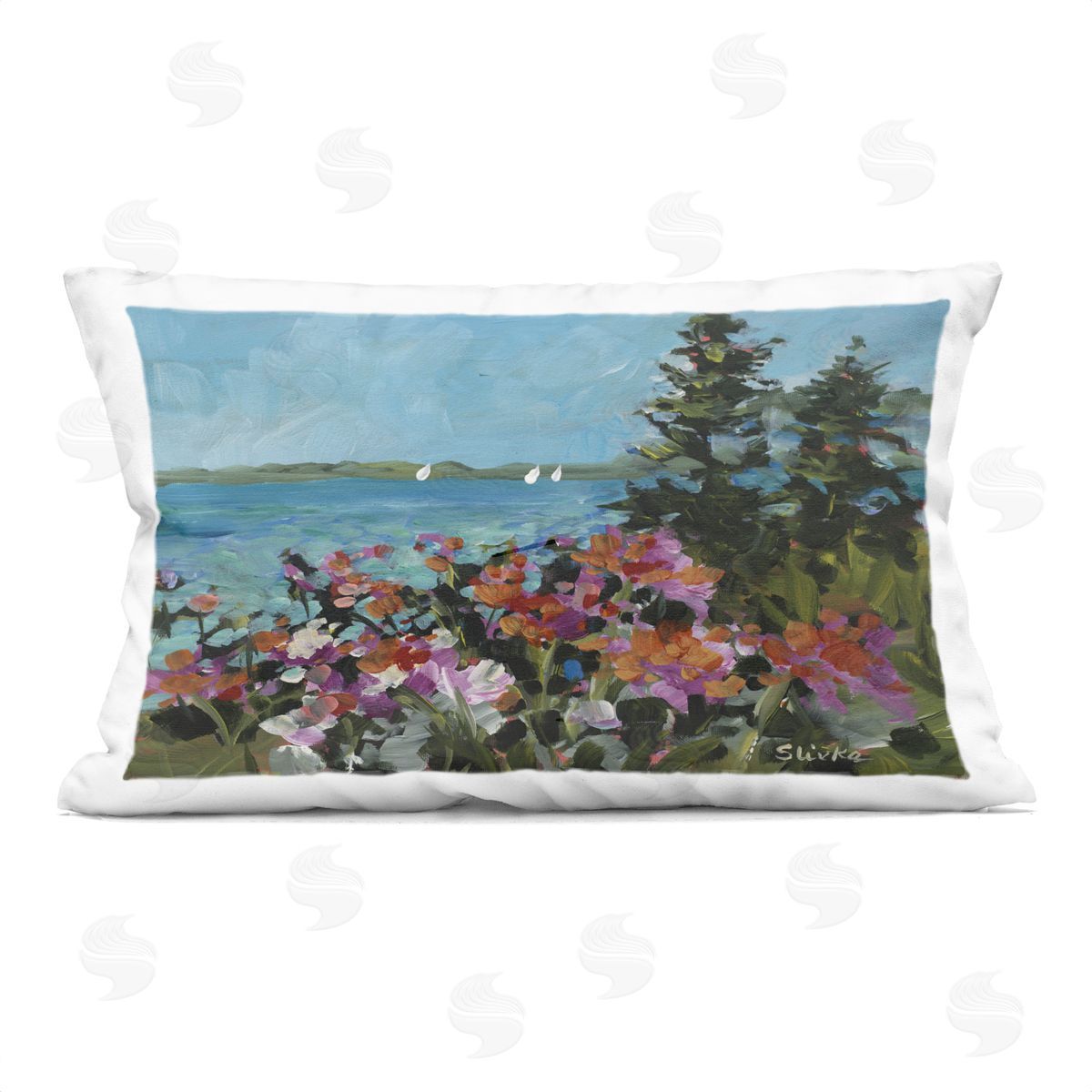 JANE SLIVKA Coastal Flowers with Seascape Plush Polyester Art Print Pillow
