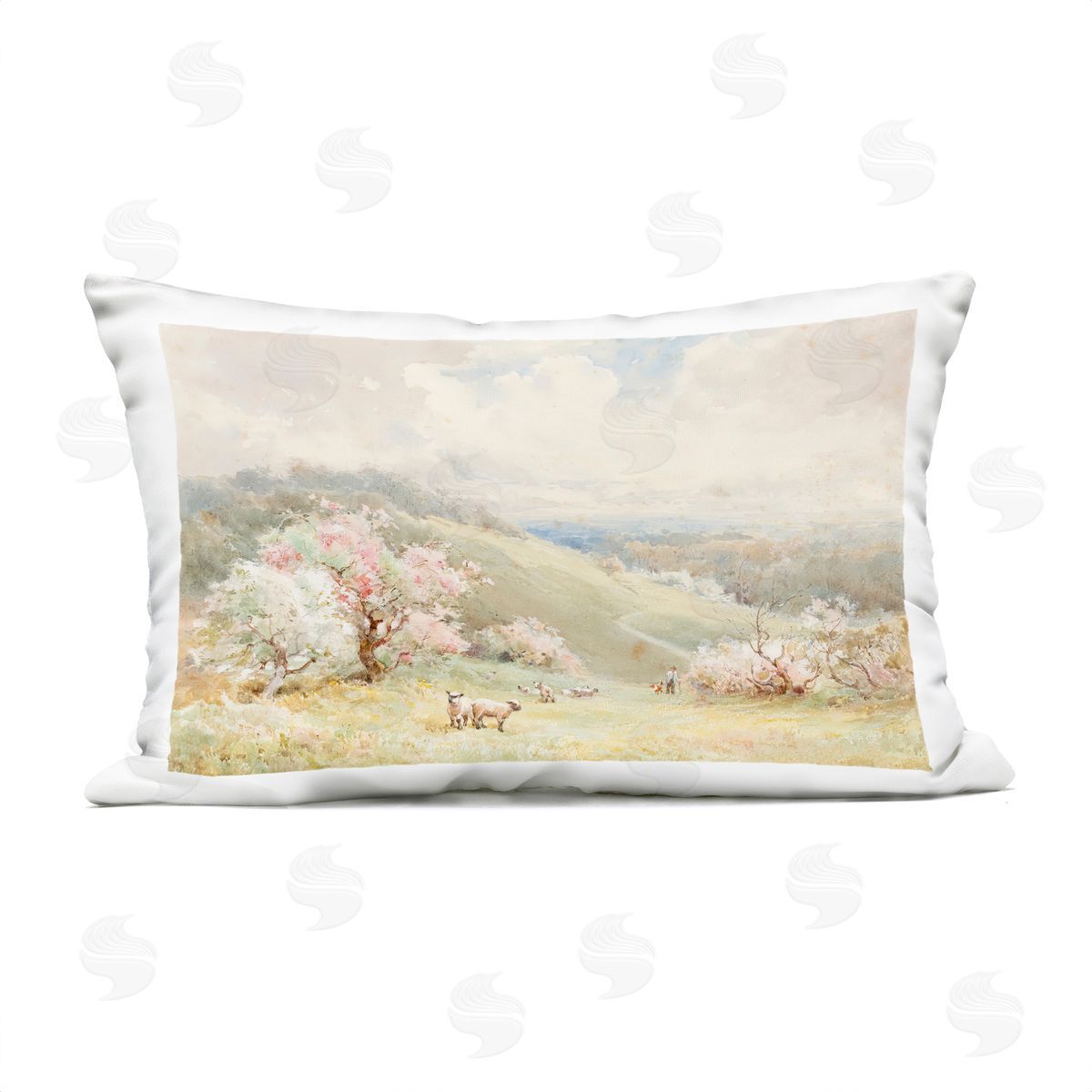 Lux + Me Designs Lambs Strolling Pastel Countryside Plush Polyester Art Print Pillow
