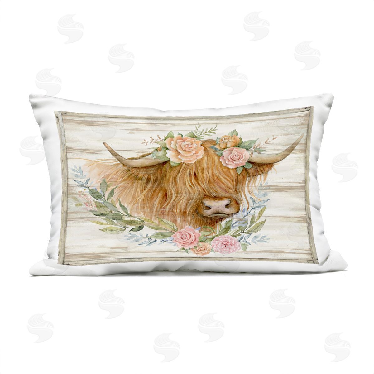 Susan Winget Highland Cow Head with Roses Plush Polyester Art Print Pillow