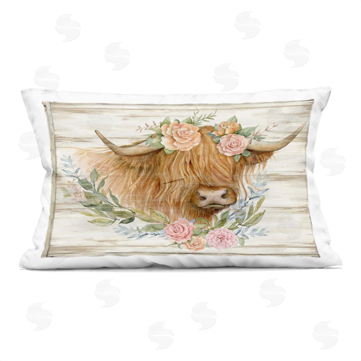 Susan Winget Highland Cow Head with Roses Plush Polyester Art Print Pillow