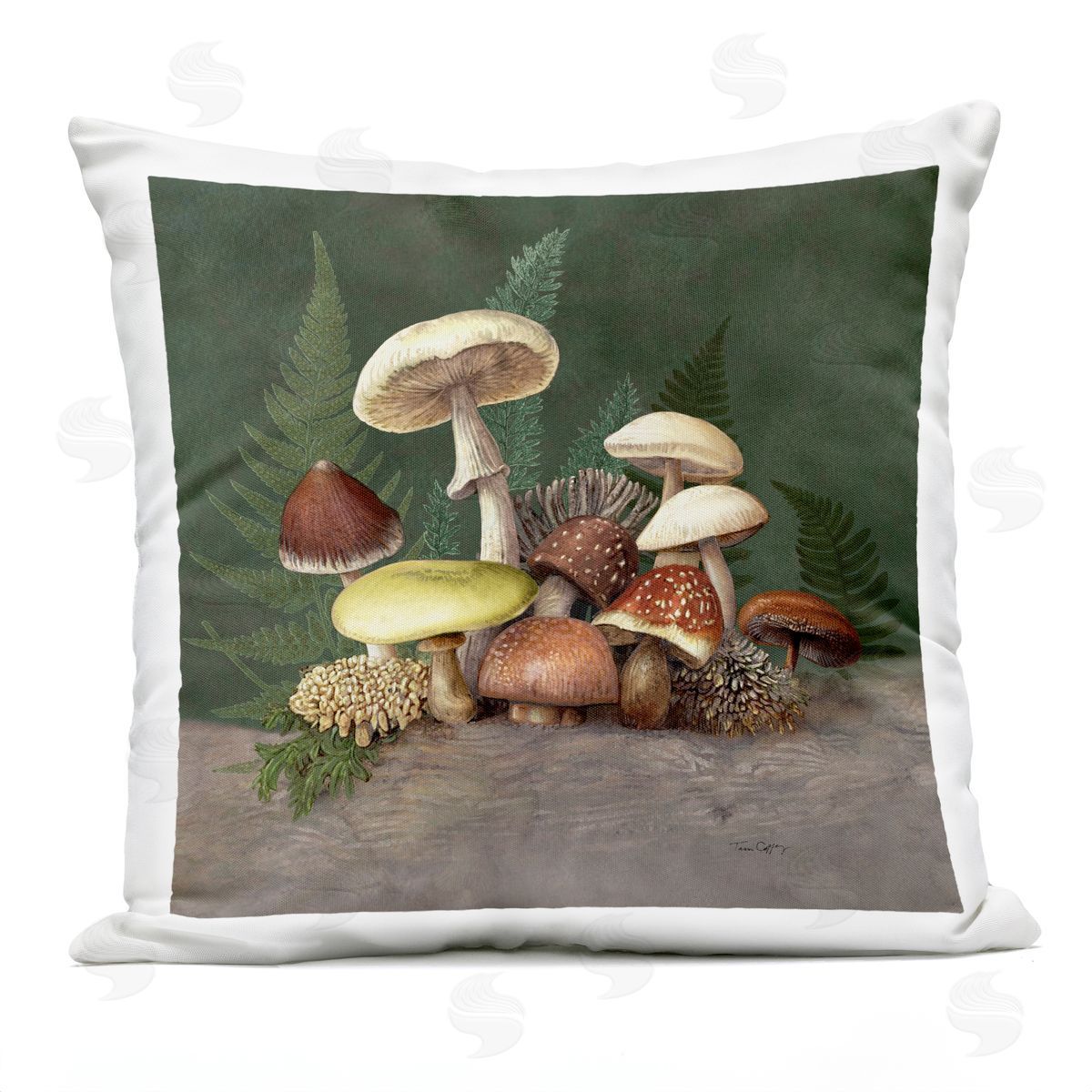 Tim Coffey Mushrooms and Ferns Nature Plush Polyester Art Print Pillow
