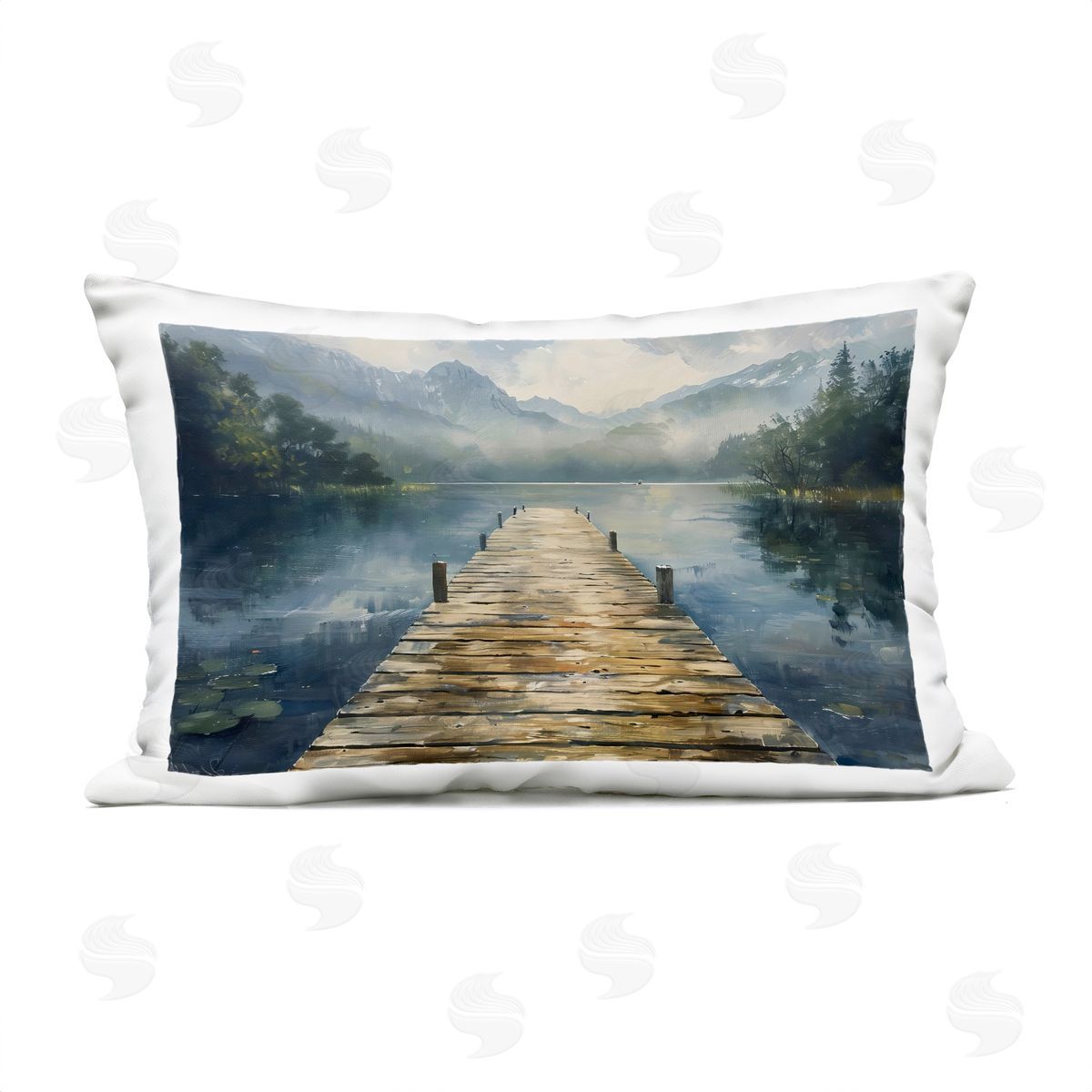 LSR Creative Studio Wooden Dock Over Lake Plush Polyester Art Print Pillow