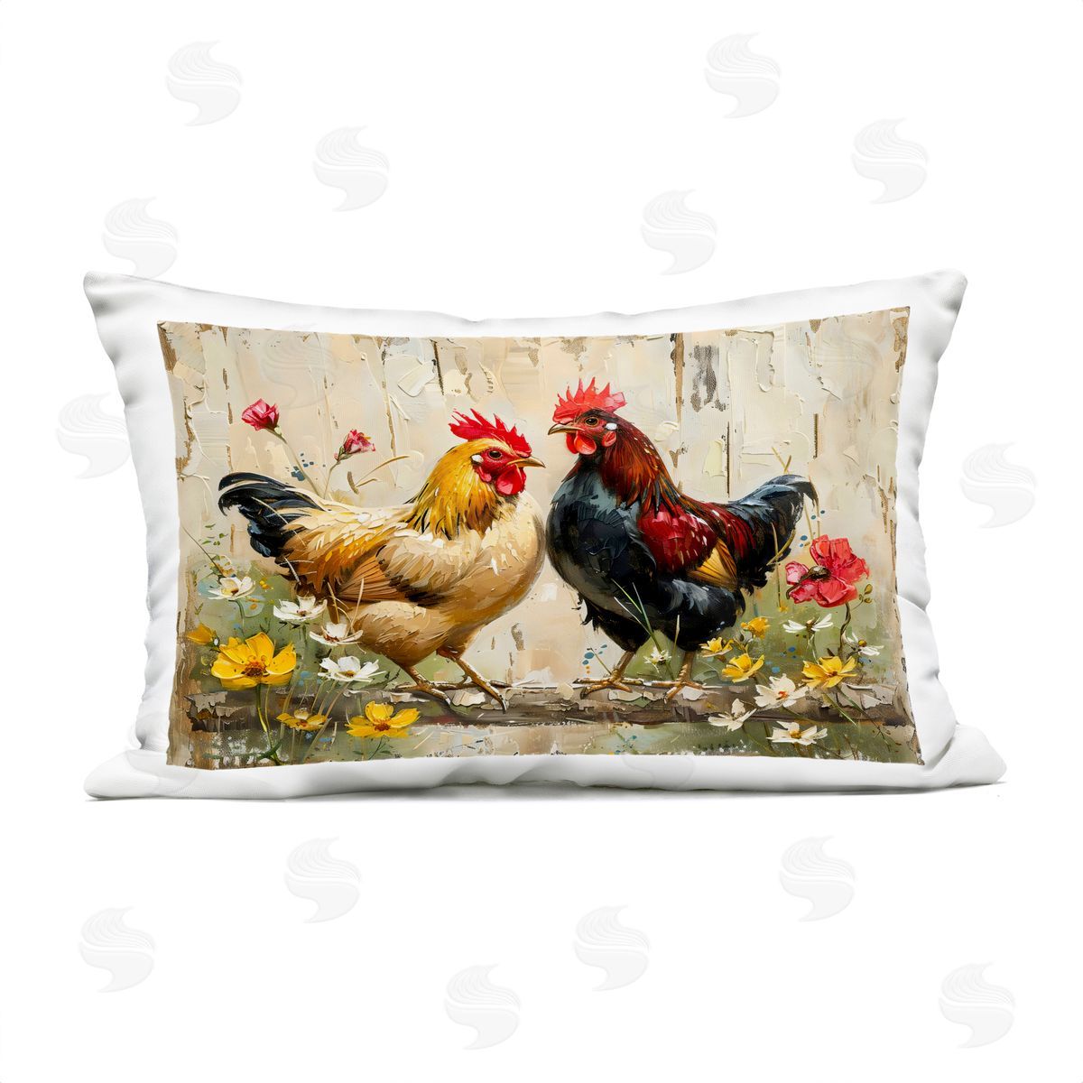 LSR Creative Studio Country Chic Floral Roosters Plush Polyester Art Print Pillow