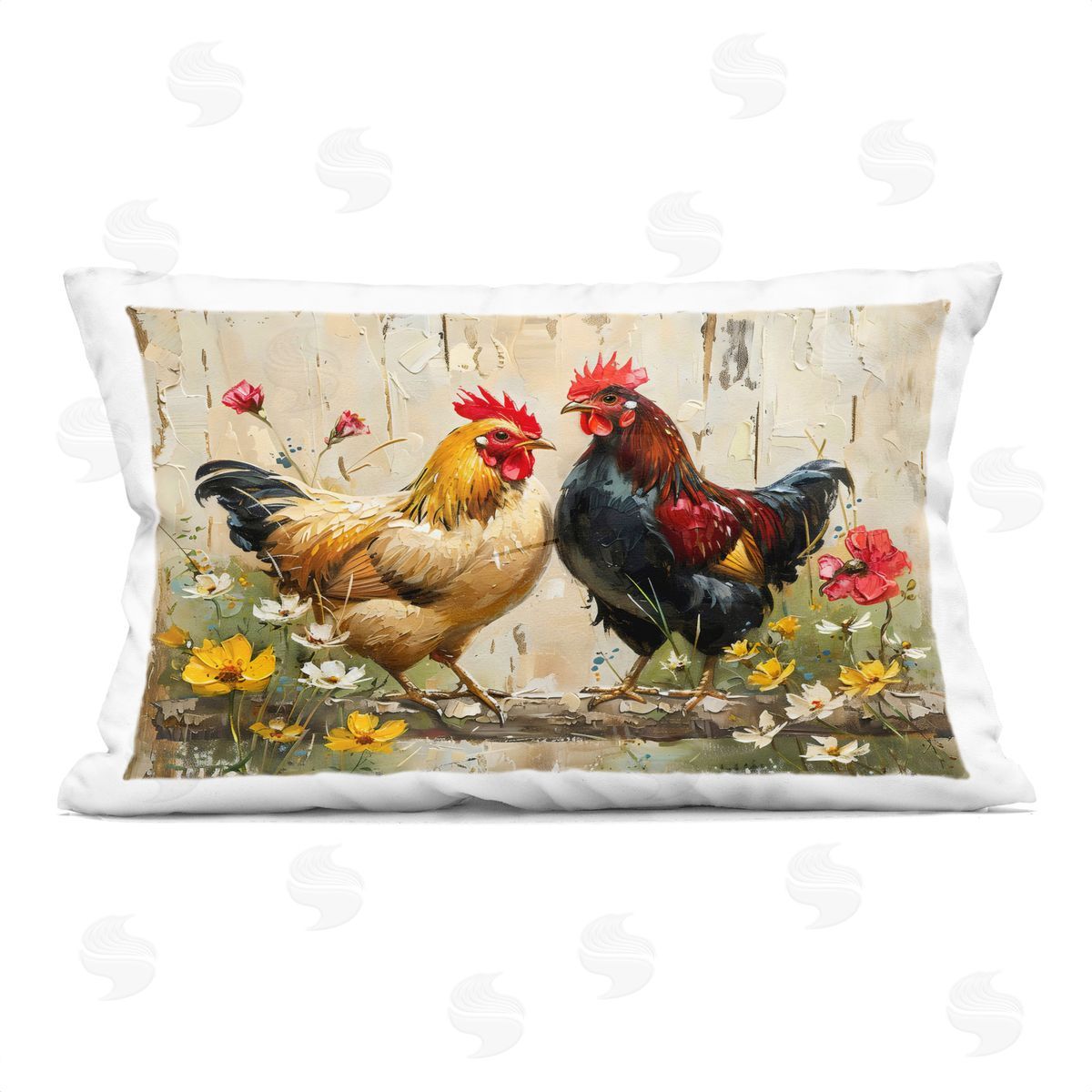 LSR Creative Studio Country Chic Floral Roosters Plush Polyester Art Print Pillow