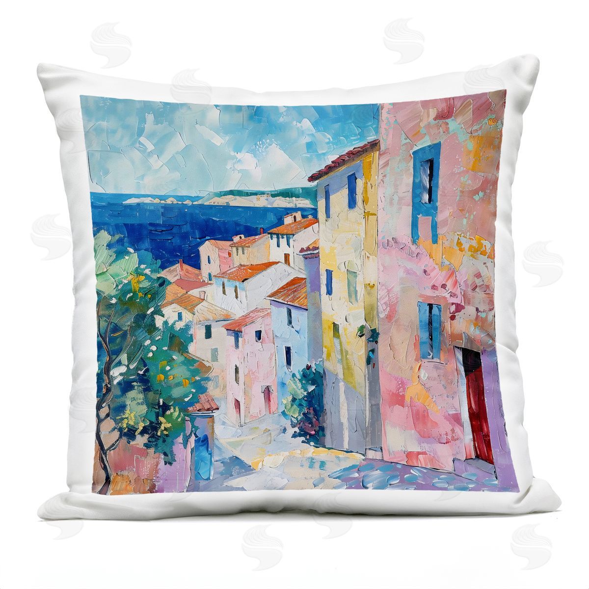 LSR Creative Studio Mediterranean Coastal Town Plush Polyester Art Print Pillow