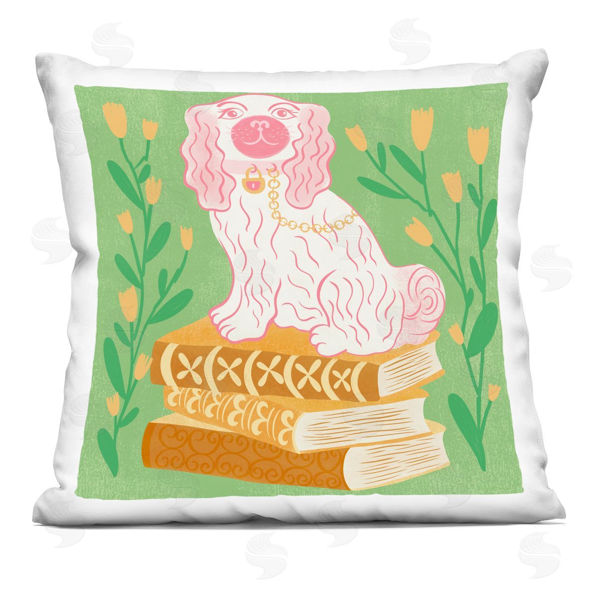 Carrie Cantwell Pink Staffordshire on Books Plush Polyester Art Print Pillow