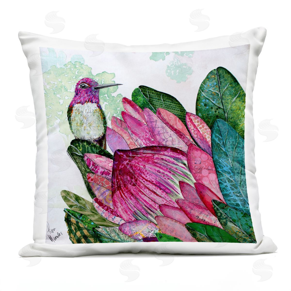 Lisa Morales Hummingbird And Protea Plush Polyester Art Print Pillow