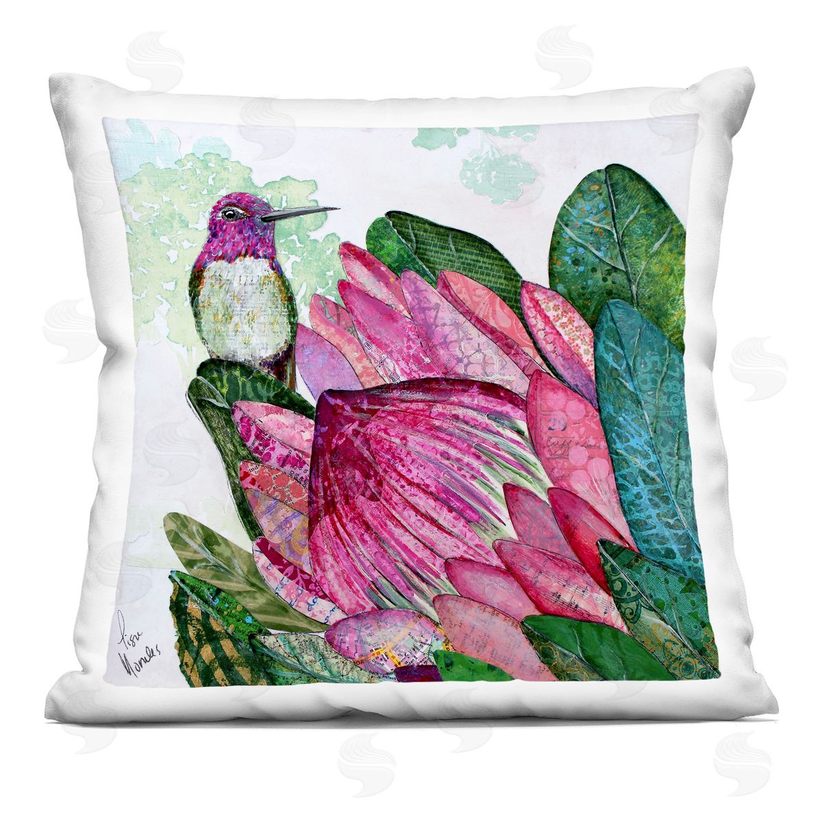 Lisa Morales Hummingbird And Protea Plush Polyester Art Print Pillow