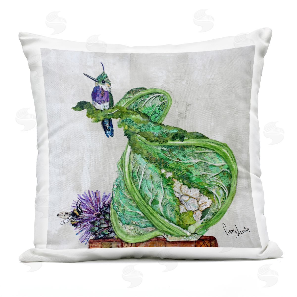 Lisa Morales Hummingbird on Cauliflower Plush Polyester Art Print Pillow
