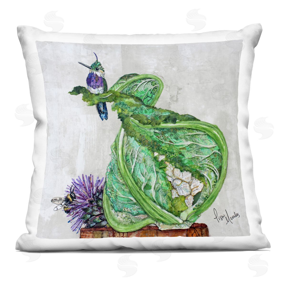 Lisa Morales Hummingbird on Cauliflower Plush Polyester Art Print Pillow
