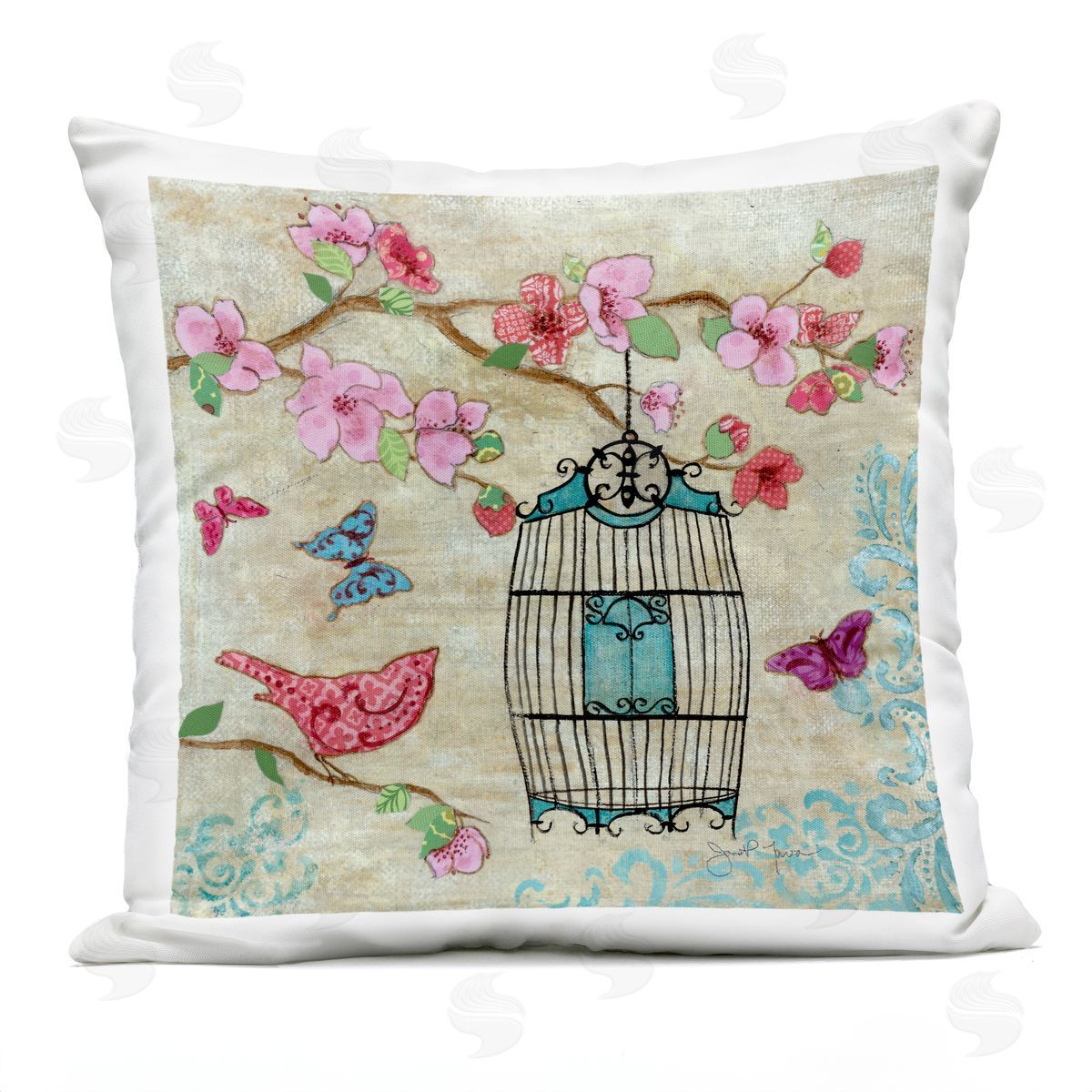 Janet Tava Spring Fling Pink Bird
 Plush Polyester Art Print Pillow