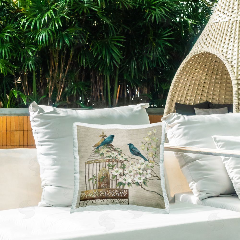 Elaine Vollherbst-Lane Neutral Birdcage Menagerie Outdoor Square Pillow on Patio
