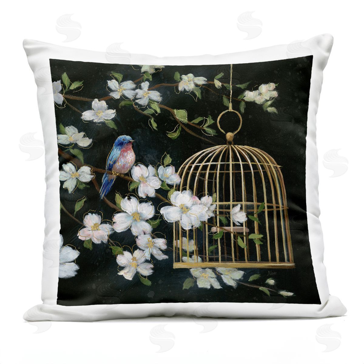 Nan Evening Song Birdcage over Black Plush Polyester Art Print Pillow