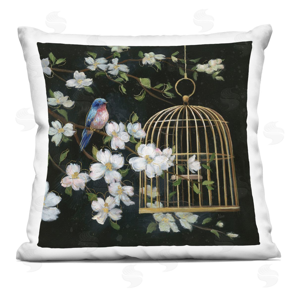 Nan Evening Song Birdcage over Black Plush Polyester Art Print Pillow