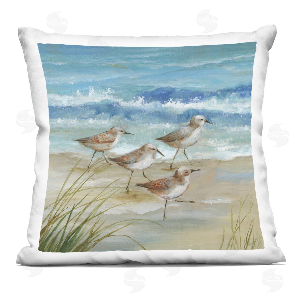 Nan Sandpiper Gathering View Plush Polyester Art Print Pillow