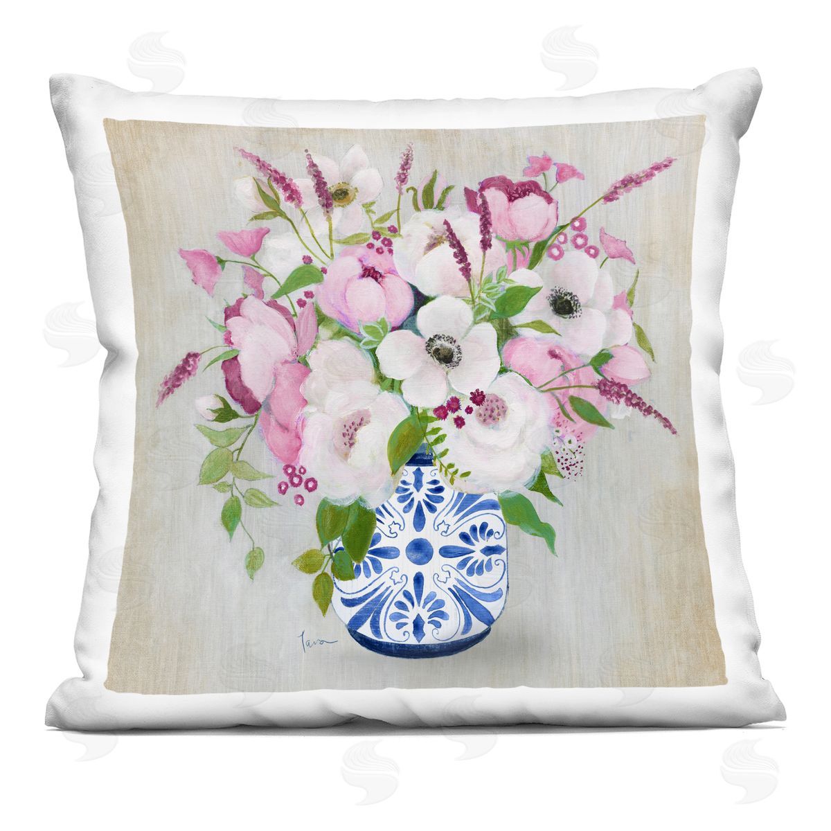 Janet Tava Pink Flower Chinoiserie Plush Polyester Art Print Pillow