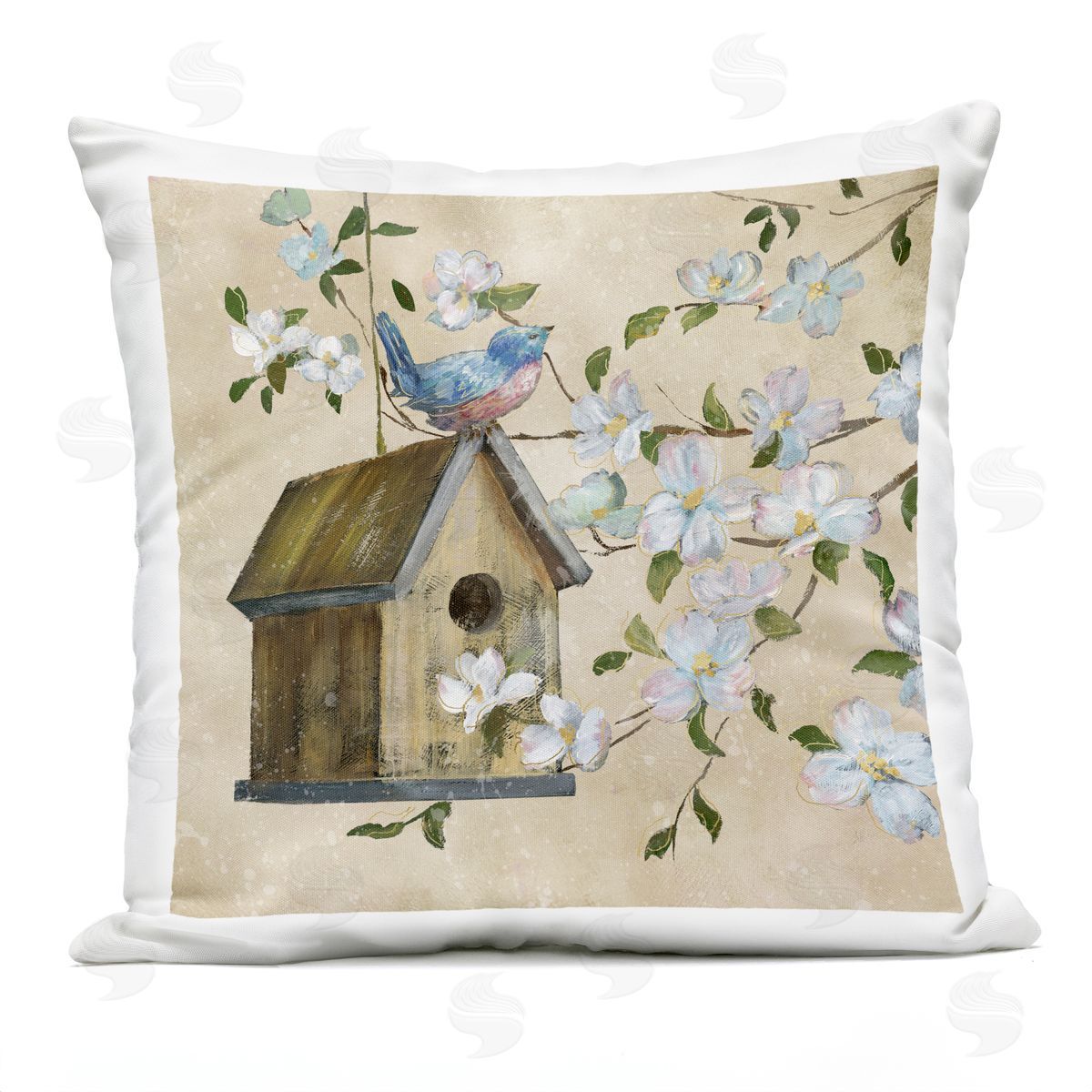 Nan Evening Song Birdhouse over Beige Plush Polyester Art Print Pillow