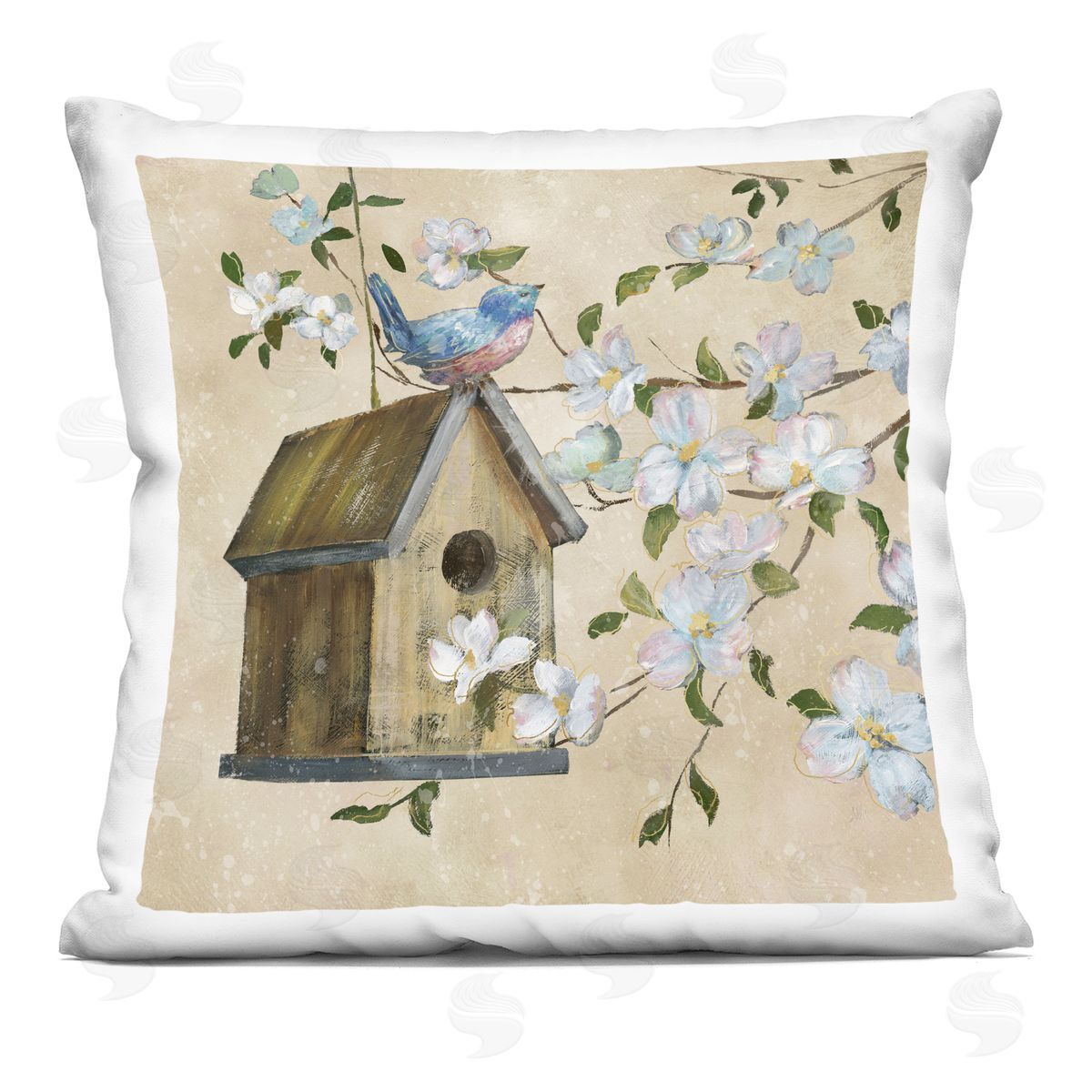 Nan Evening Song Birdhouse over Beige Plush Polyester Art Print Pillow