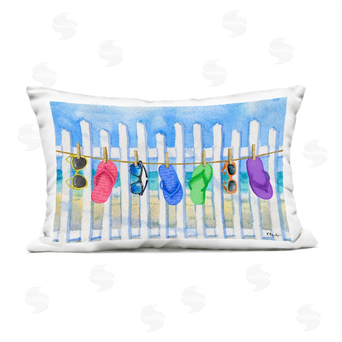 Paul Brent Summer Clothesline with Flip Flops Plush Polyester Art Print Pillow