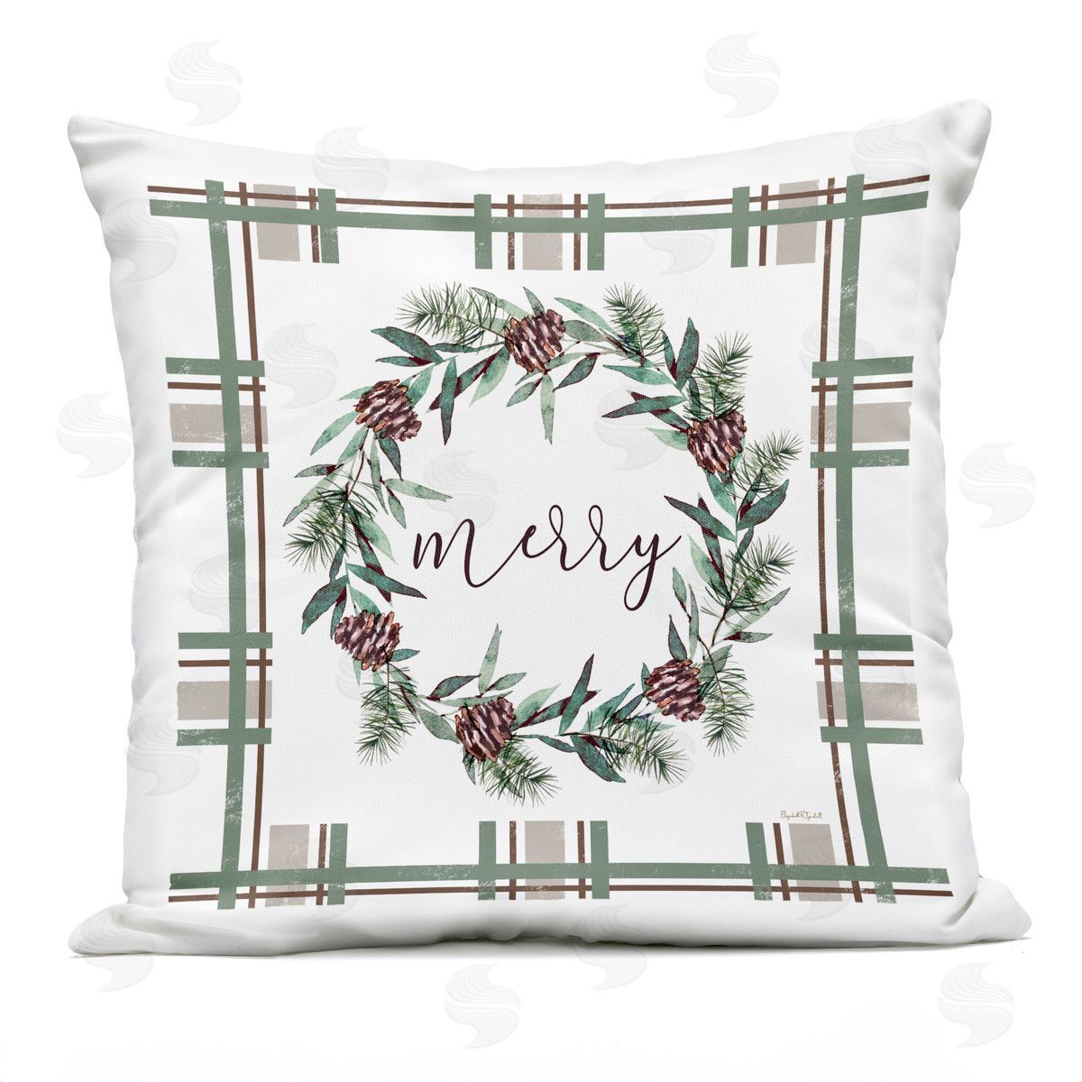 Elizabeth Tyndall Merry Wreath on Green Plaid Plush Polyester Art Print Pillow