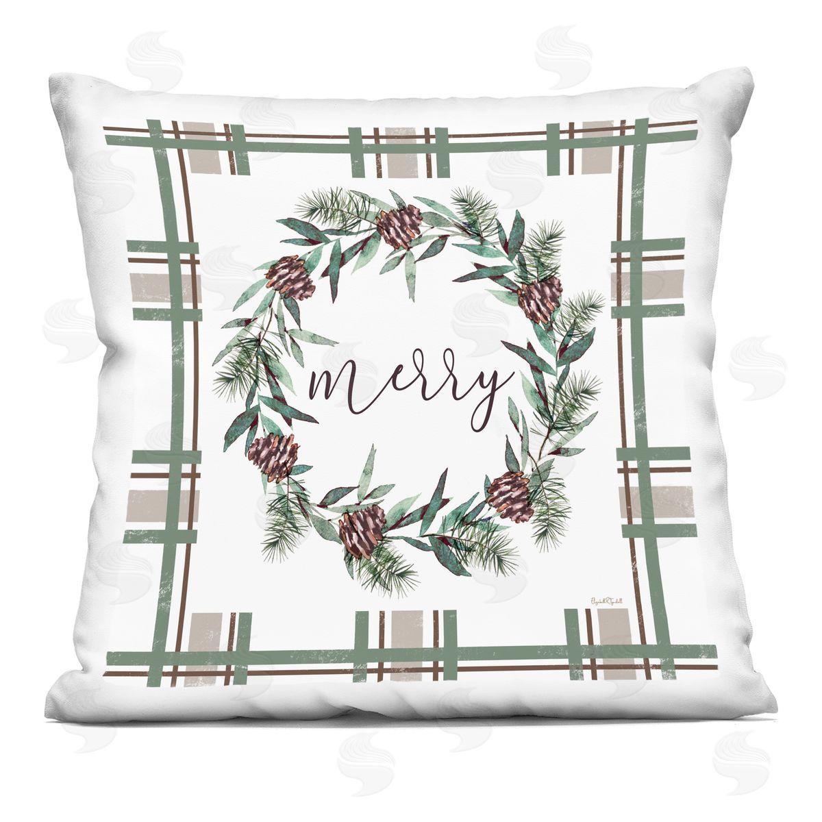Elizabeth Tyndall Merry Wreath on Green Plaid Plush Polyester Art Print Pillow