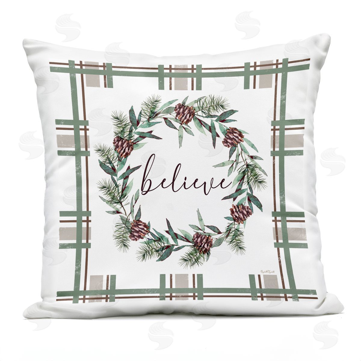Elizabeth Tyndall Believe Wreath on Green Plaid Plush Polyester Art Print Pillow