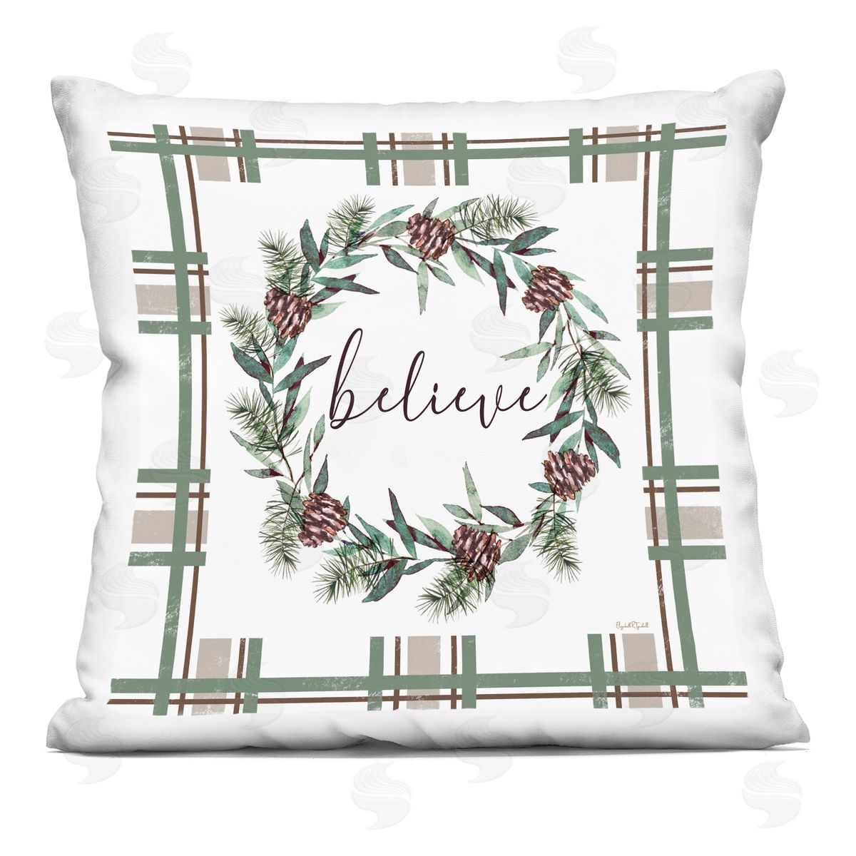 Elizabeth Tyndall Believe Wreath on Green Plaid Plush Polyester Art Print Pillow