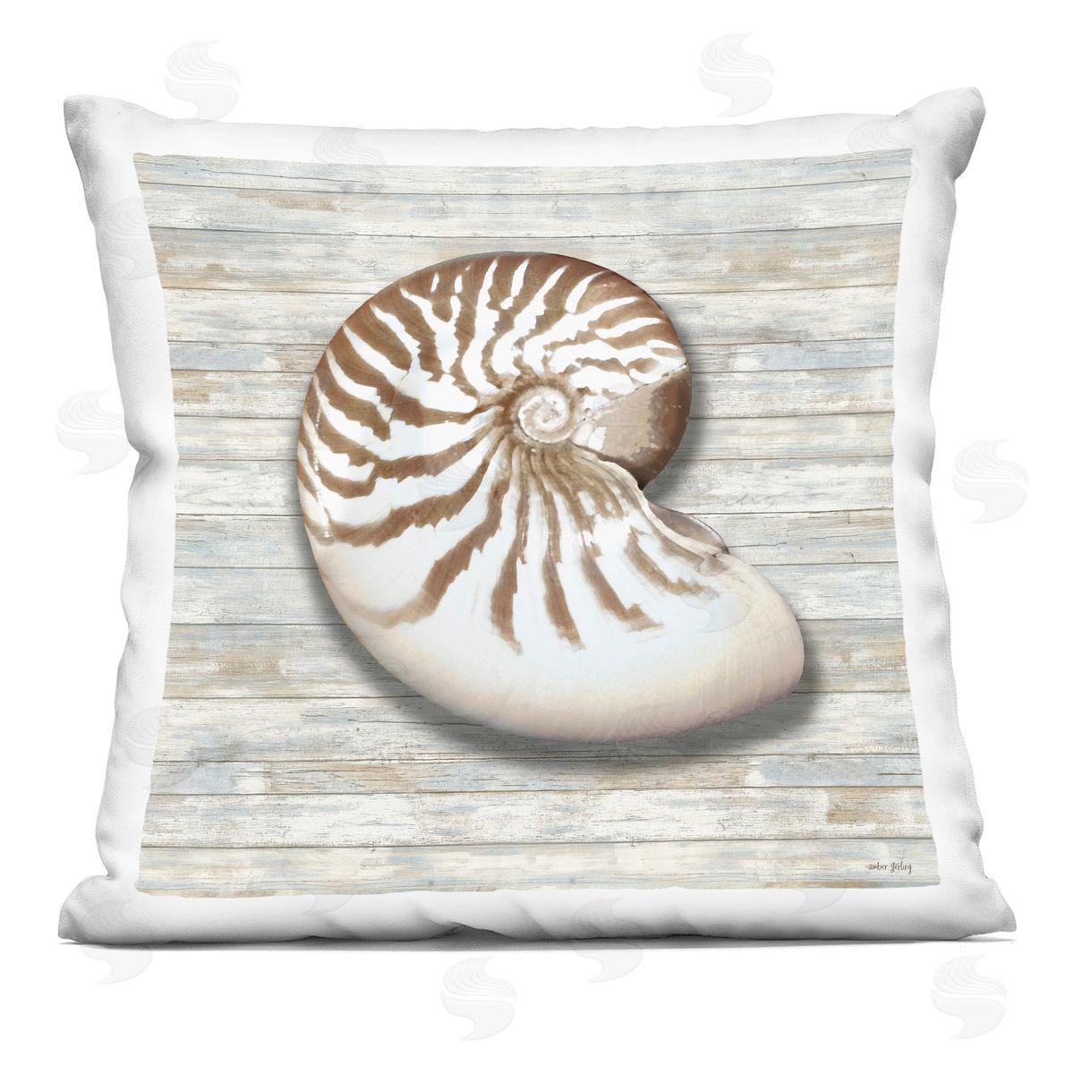 Amber Sterling Cowrie Shell on Shiplap Plush Polyester Art Print Pillow