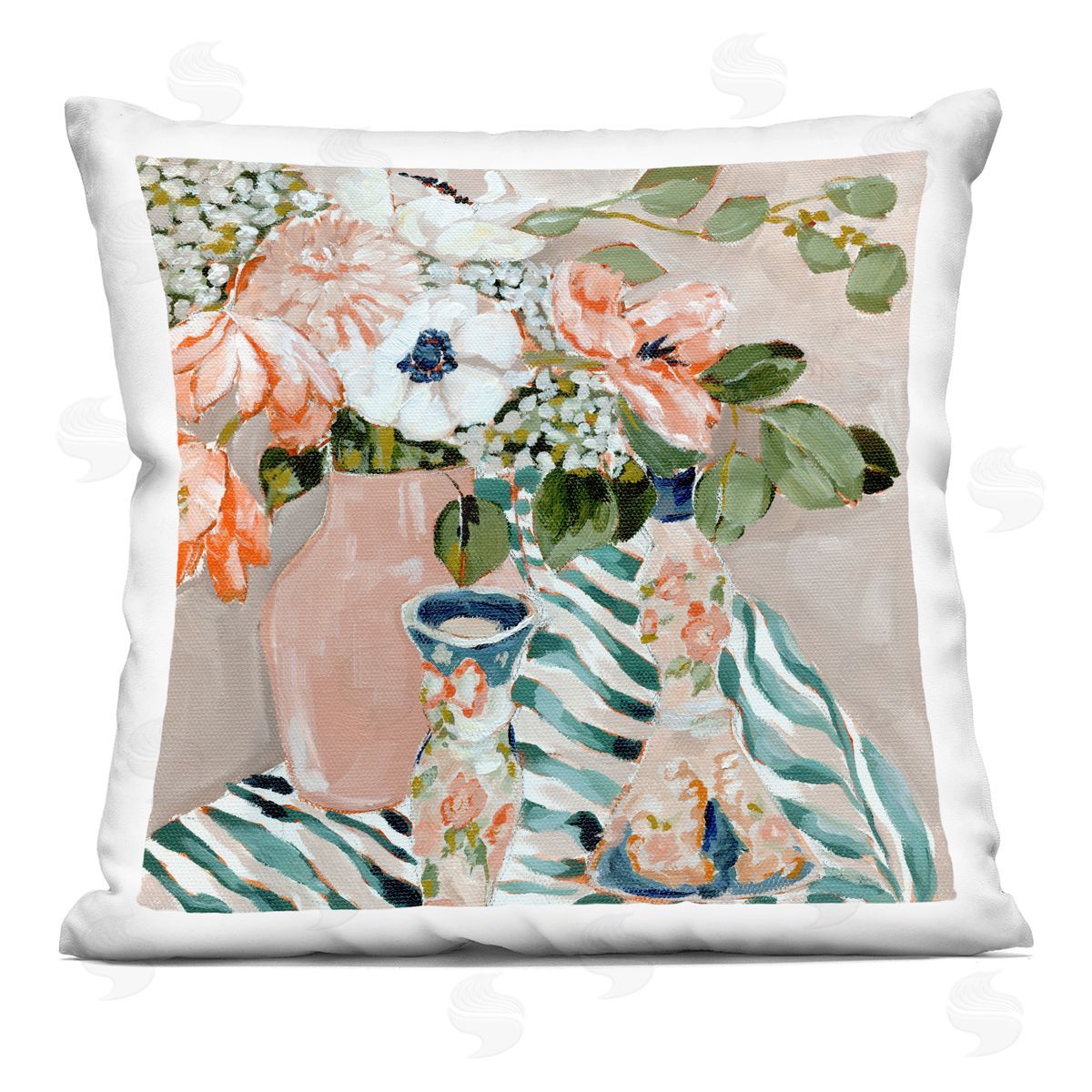 Annie Quigley Rosy Florals with Stripes Plush Polyester Art Print Pillow