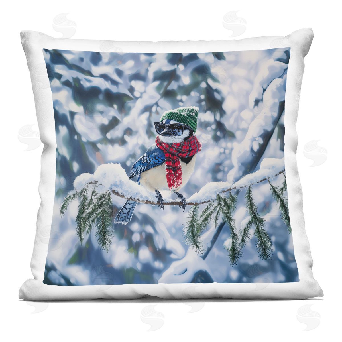 Jim Baldwin Christmas Blue Jay Perched Plush Polyester Art Print Pillow