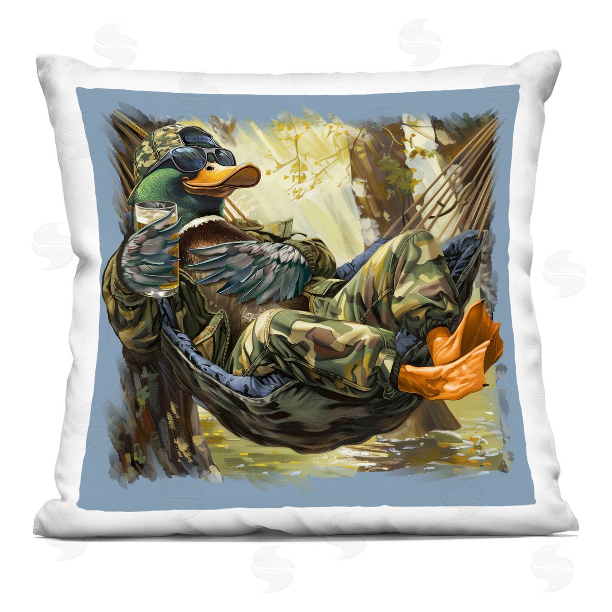 Jim Baldwin Mallard Hammock in Camo  Plush Polyester Art Print Pillow